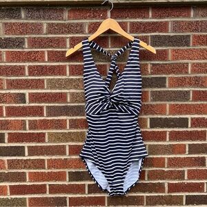 L.L. Bean Navy Blue and White Striped Racerback Padded One Piece Swimsuit